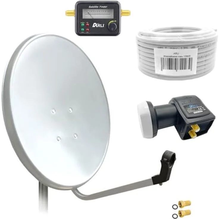 ARLI 60cm HD Sat Anlage Twin LNB + 15m Koaxialkabel 135dB + Satfinder + 2 F-Stecker Digital 2 Teilnehmer Antenne Weiss UHD 4K – Bild 1
