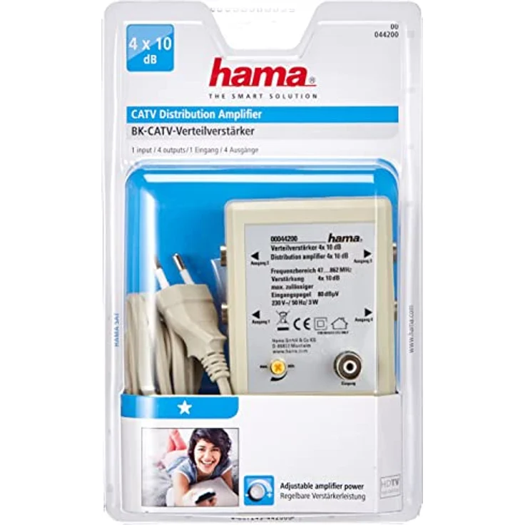 Hama 4 fach Verteilverstärker für BK Anlagen und terrestrische Netze, 4x10 dB (Dämpfungsregler, eingebautes Netzteil, HDTV, DVB-T-DVB-T2, Koax-Anschlüsse) weiß – Bild 3