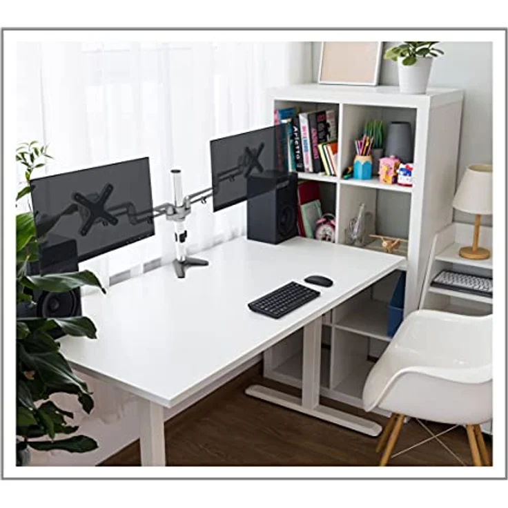 PureMounts PM-STYLE-DM-23D Schreibtisch Halterung für 2 Monitore bis 69cm (27 Zoll), schwenkbar, neigbar, drehbar VESA 100, Armlänge: 2x32cm – Bild 8