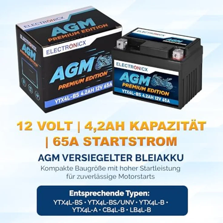 Electronicx YTX4L-BS AGM Motorradbatterie, wartungsfrei, auslaufsicher, rüttelfest, 4Ah 12V für Motorrad, Roller und Quad – Bild 5