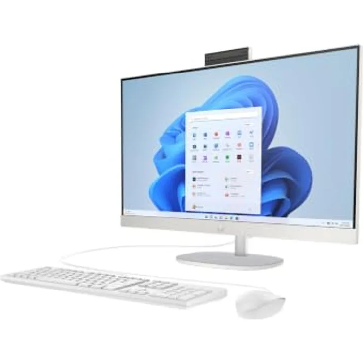 HP 27-cr0401ng All-in-One-PC, 27 Zoll FHD, Intel Core i3, 8 GB RAM, 256 GB SSD, Windows 11 Home, Muschelweiß