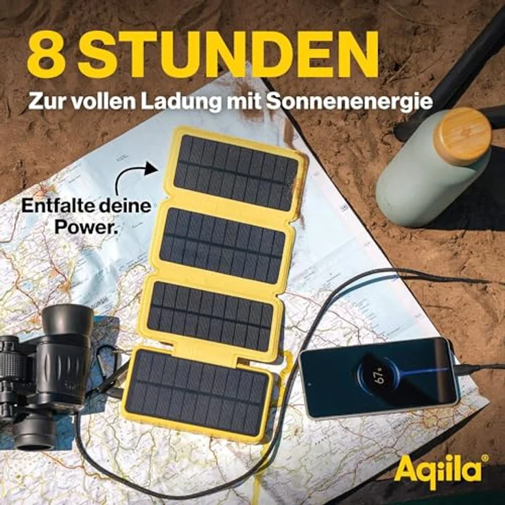 Aqiila Solar Powerbank Powerbird BS10, 20 W, 10.000mAh, USB-A, USB-C, gelb - Solar Powerbank mit 10.000mAh, 20W Power Delivery (PD) Technologie und IP54-Zertifizierung – Bild 9