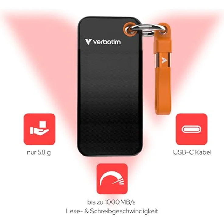 Verbatim Pocket SSD 512 GB, USB Typ-C, 10 Gbit/s, Schwarz, Orange – Bild 4