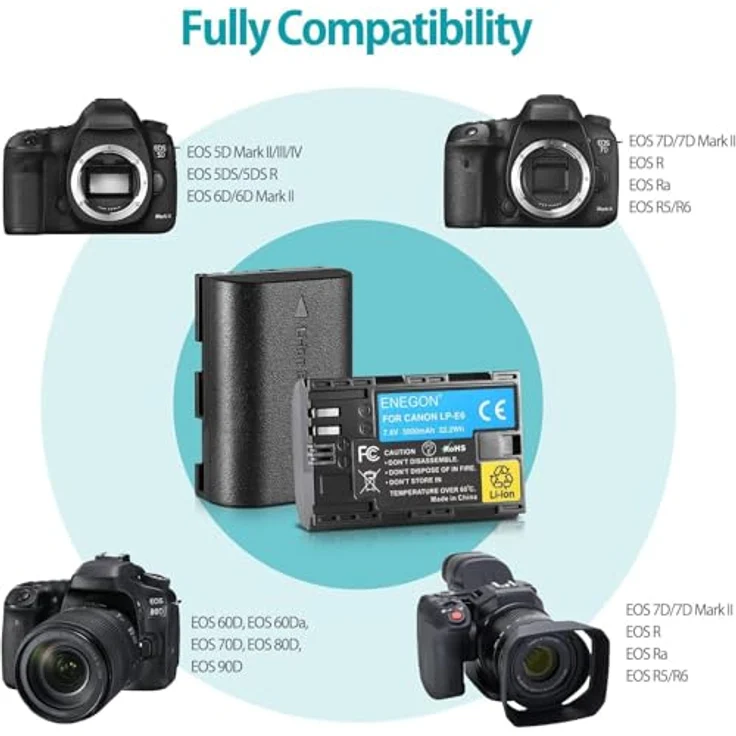 ENEGON LP-E6 Batterien, 2er Pack mit 3000mAh für Canon EOS R, R5C, 5D II-IV, 6D, 7D II-III, 80D, 70D, 60D, XC10, XC15 mit intelligentem Schutz – Bild 3