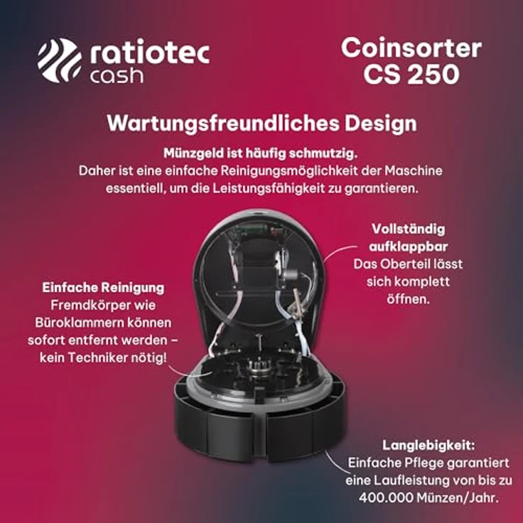 ratiotec Münzzähl- und Sortiermaschine CS 250, 550 Münzen/Min, LED-Display, 8 Hartgeldfächer, robustes Kunststoffgehäuse – Bild 6