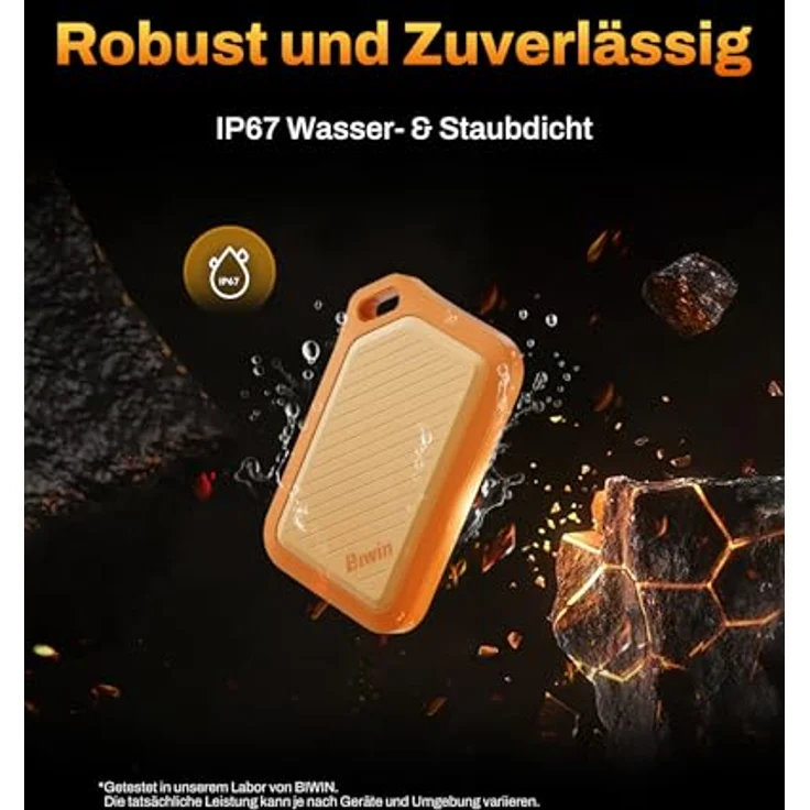 BIWIN Amber PR2000 Externe SSD 1TB, USB 3.2 Gen2x2, bis zu 2000 MB/s, IP67 wasserdicht, Portable NVMe, mit USB-C & USB-A Adapter, Orange – Bild 3