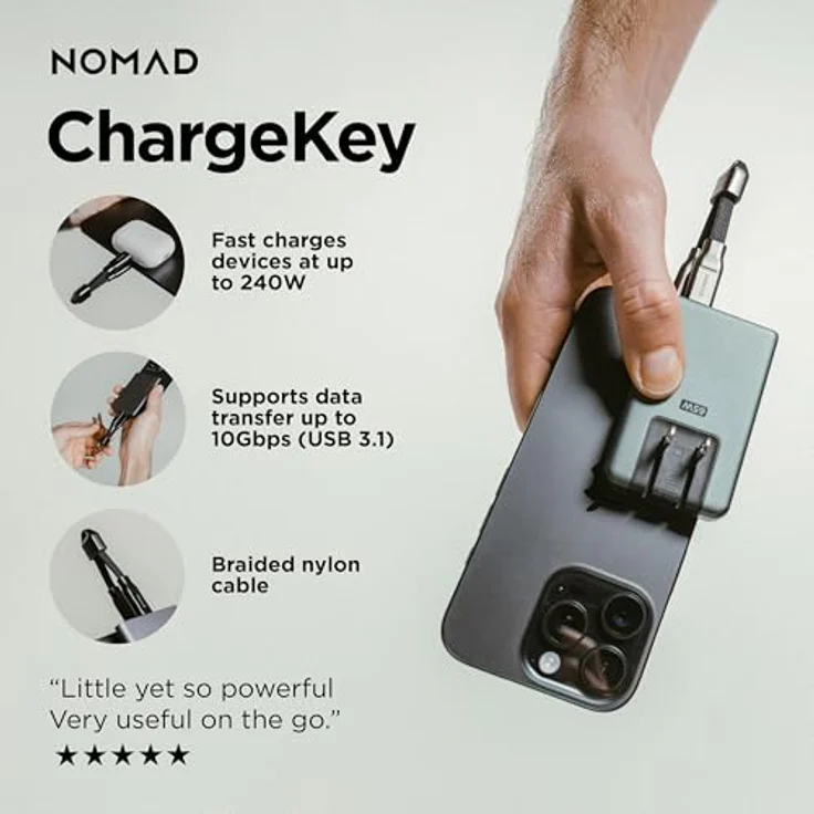 NOMAD ChargeKey V2, USB C auf USB C Schlüsselanhänger Ladegerät, robust und tragbar für iPhone, 240 Watt Ladegeschwindigkeit, Schwarz – Bild 2
