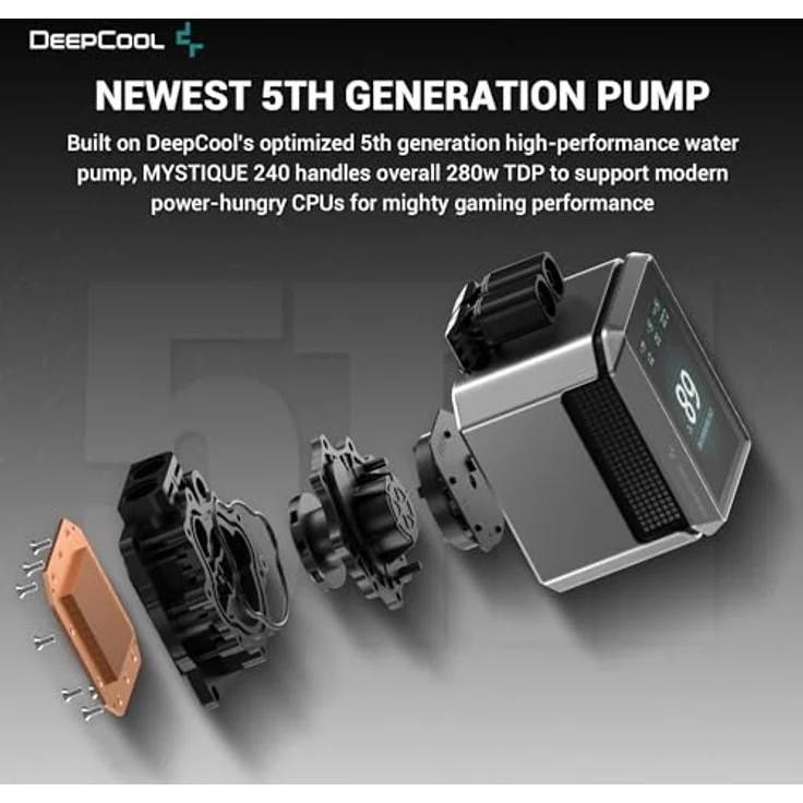 DeepCool MYSTIQUE 240 LCD Wasserkühlung 240mm 5th Gen Pumpe 3400RPM AIO 2.8" 640x480 TFT LCD Bildschirm Anti-Leck Tech FT12 SE PWM Lüfter, Grau und Schwarz – Bild 3
