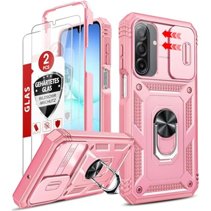 LeYi Militär Hülle für Samsung Galaxy A17 5G, Kamera Schieber mit Objektivschutz und 2 Displayschutz, Rosa, Armor Schutzhülle mit Stehfunktion und Ringhalterung – Bild 1