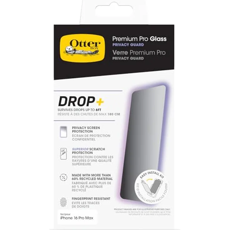 OtterBox Premium Pro Privacy Guard Glass Displayschutz für iPhone 16 Pro Max, gehärtetes Glas, überragender Kratzschutz, übersteht Stürze bis zu 1.8m