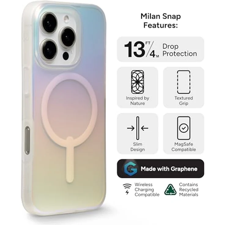 ZAGG Milan Snap, Graphen-verstärkte Hülle für iPhone 16 Pro 6.3-Inch, MagSafe-kompatibel, irisierende Rückabdeckung, stoßfest – Bild 3