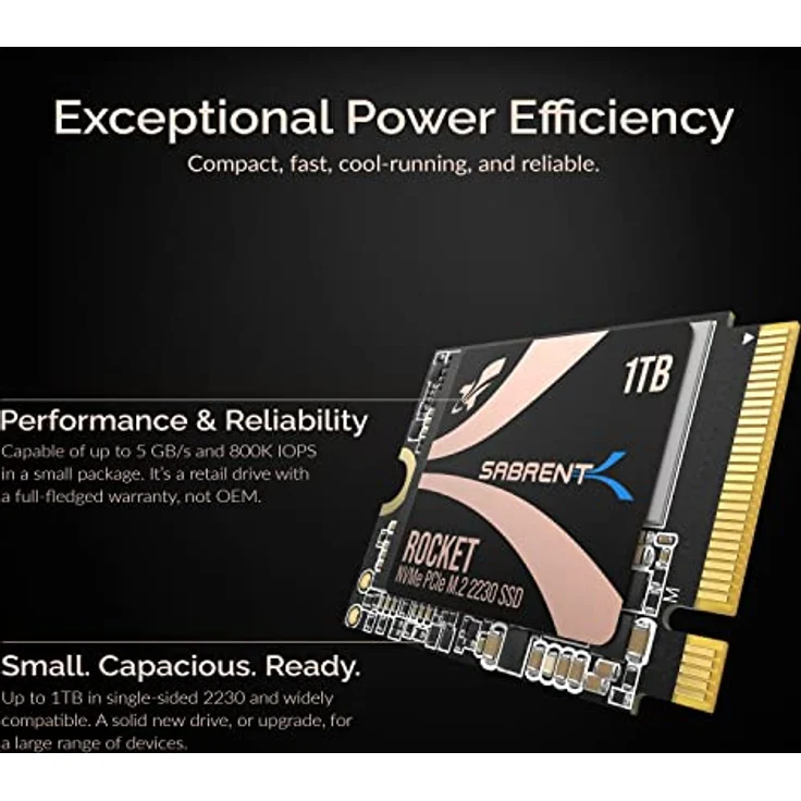 Sabrent 2230 M.2 NVMe Gen 4 1TB, Interne SSD 4750 MB/s Lesen, PCIe 4.0 X4, Internes Solid State Drive, kompatibel mit Steam Deck, Surface pro, PCs, NUCs und Laptops [SB-2130-1TB] – Bild 4