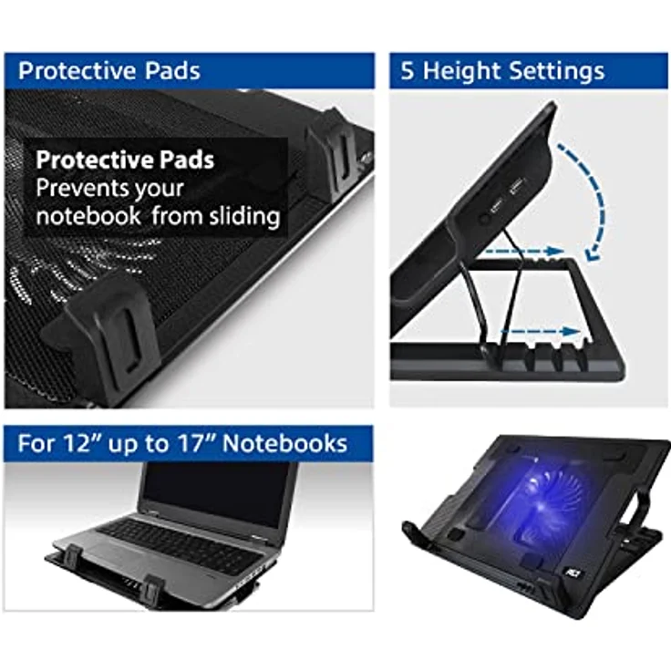 ACT Laptop Kühler 17 Zoll, Business Laptop Ständer Höhenverstellbar (5 Ergonomische Positionen), 1 Leiser Lüfter für das Büro, USB Port - AC8110 – Bild 4