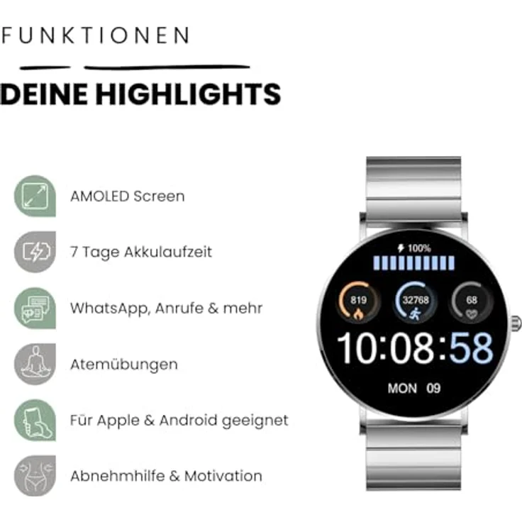 XCOAST SIONA2 UNISEX Smartwatch Edelstahl 4,2 cm AMOLED, 7 Tage Akku, Wasserdicht, Puls, Blutdruck, brillante Farben – Bild 2