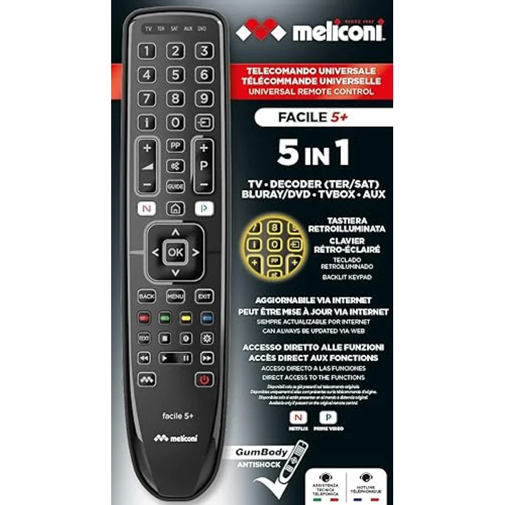 Meliconi Gumbody Facile 5+, Universalfernbedienung für DVD/Blu-ray, Home Audio und Heimkino, mit beleuchteten Tasten, Schwarz – Bild 7
