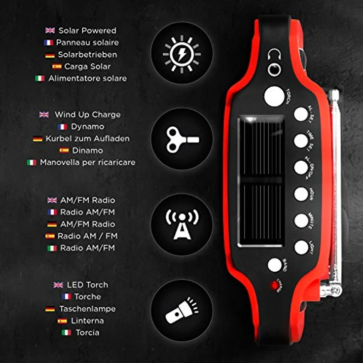 Duronic Apex Radio - Kurbel-Radio mit Taschenlampe und Wecker - Aufladbar mit Solar, Kurbel und USB - Notfallradio mit AM/FM Empfang - 7 Stunden Musik – Bild 4