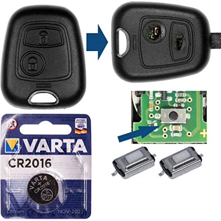 mt-key Reparatur Set Auto Schlüssel Ersatz Gehäuse, inkl. 2 Taster und VARTA CR2016 Knopfzelle, passend für Peugeot 107, 207, 406, 308 und Citroen C4, C1, C2 Funk Fernbedienung – Bild 1