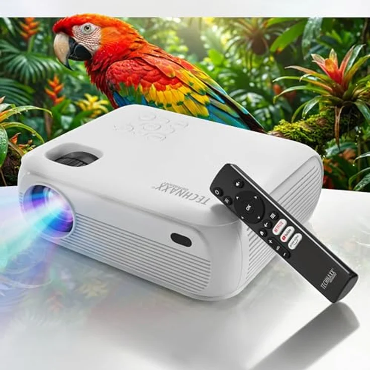 TECHNAXX TX-332 Full-HD Beamer 1080p, Heimkino-Projektor mit Lautsprecher, Fernbedienung, 200 lm, Netflix vorinstalliert, Weiss – Bild 2