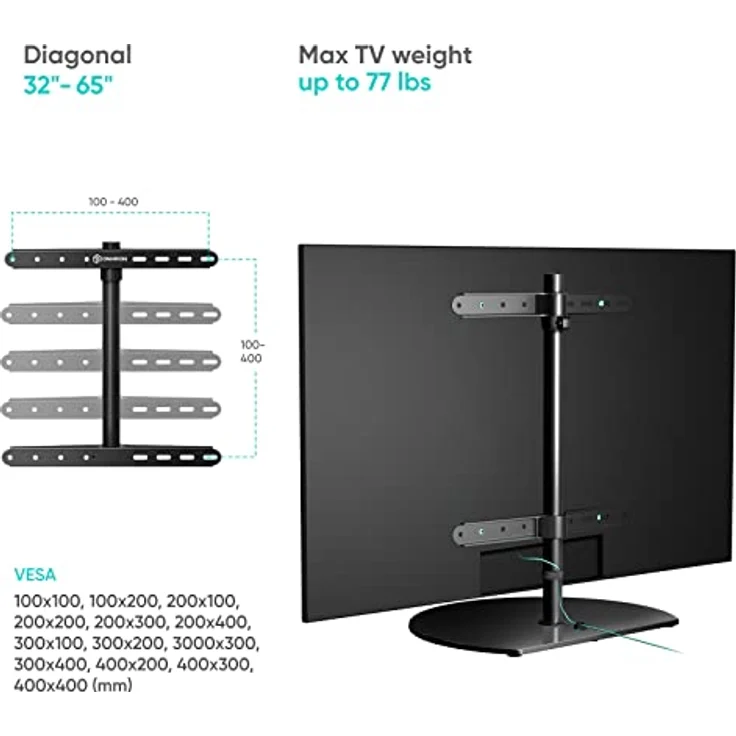 ONKRON TV Ständer schwenkbar & höhenverstellbar - TV Standfuss Fernseher für 32-65 Zoll Flach&Curved Bildschirme bis 35 kg min VESA Standfuss 100x100 max VESA 400x400mm / TV Stand Schwarz PT2 – Bild 4