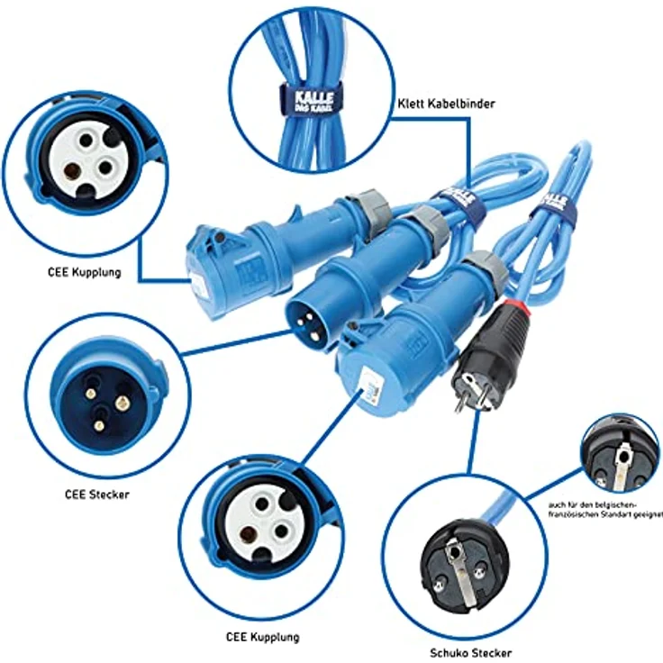 KALLE DAS KABEL CEE-Campingkabeltrommel KTP 25m mit Polyurethanleitung, IP44, 2 Schuko- und 1 CEE-Steckdose, inkl. 1,5m Anschlussleitung und Adapter – Bild 4