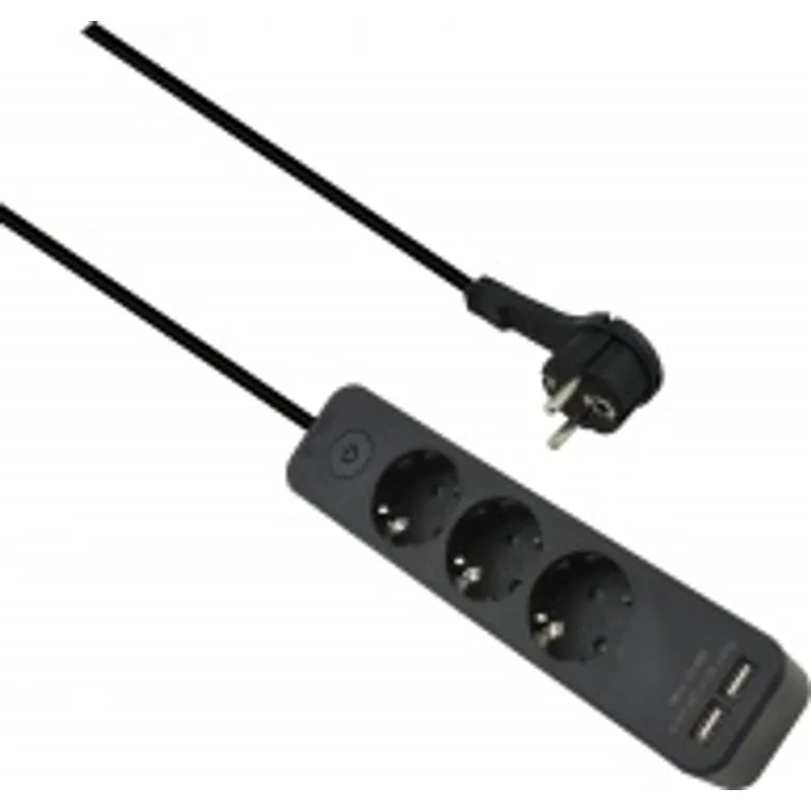 Helos Steckdosenleiste ADVAND, 3-fach, USB-Charger schwarz, 1,5m, mit Schalter Robustes ansprechendes Design , 1,5m Zuleitung , Leiterquerschnitt: 1,5 mm² , Kabeltyp: H05VV-F 3G1.5mm , mit Druck-Schalter , 3 Schutzkontaktsteckdosen 45° gedreht , mit 2 U