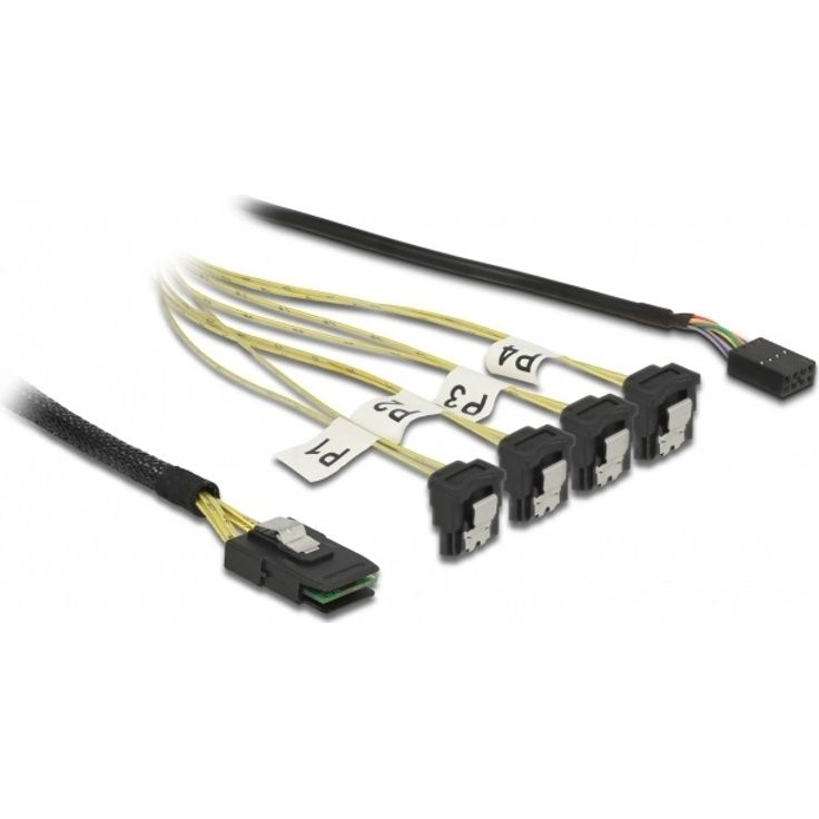 Delock Kabel Mini SAS SFF-8087 > 4 x SATA 7 Pin gewinkelt + Sideband 0,5 m (85683)
