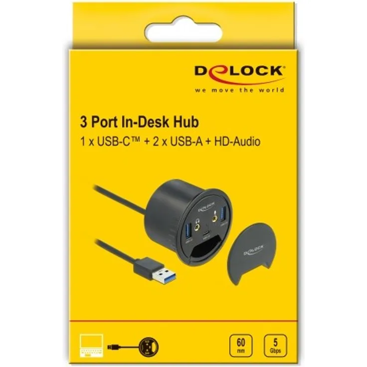 Delock 3 Port Tisch-Hub 1 x USB Type-C und 2 x USB Typ-A + HD-Audio Ports (62794)