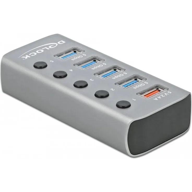 Delock USB 3.2 Gen 1 Hub mit 4 Ports + 1 Schnellladeport mit Schalter und Beleuchtung (63262)