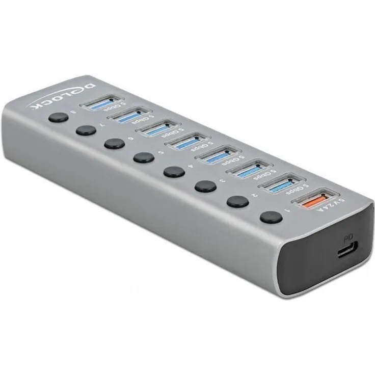 Delock USB 3.2 Gen 1 Hub mit 7 Ports + 1 Schnellladeport + 1 USB-C PD 3.0 Port mit Schalter und Beleuchtung (63264)