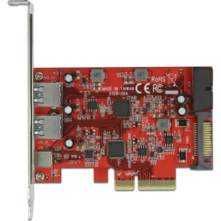 DeLOCK PCI Express x4 Karte zu 1 x extern USB Type-C Buchse + 2 x extern USB Typ-A Buchse SuperSpeed USB 10 Gbps (USB 3.2 Gen 2) + 1 x intern USB 3.0 Pfostenstecker (90492)