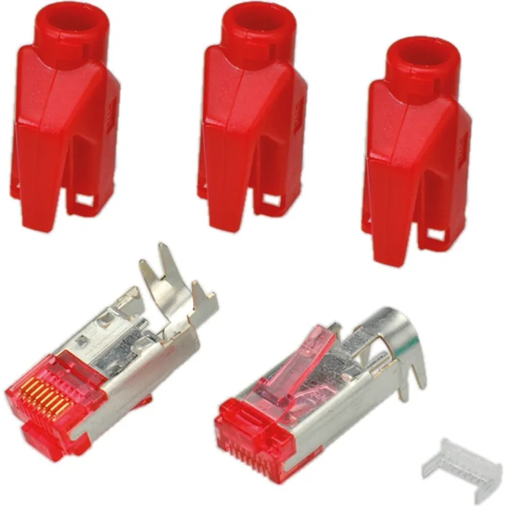 Hersteller: HIROSE RJ45-Hirose Stecker STP, TM21 rot, 50 Stück, 3 Elemente, Cat. 6 Channel Class E bis 250 MHz (Cat.6) für LitzenGeschirmte AusführungAderisolierung ca. 0.9 - 1.0 mmKabeldurchmesser max. 6.6 mmDas Set besteht aus RJ-Stecker, Knickschutztül