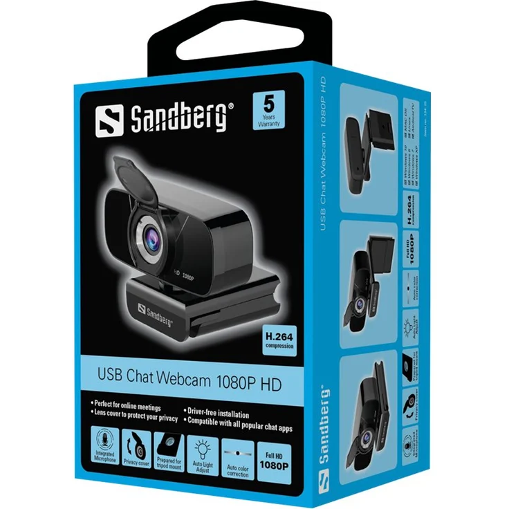 Sandberg USB Chat Webcam 1080P HD - Web-Kamera - Farbe - 2 MP - 1920 x 1080 - 1080p - Audio - USB2.0 - MJPEG, H.264, YUV (134-15) – Bild 4