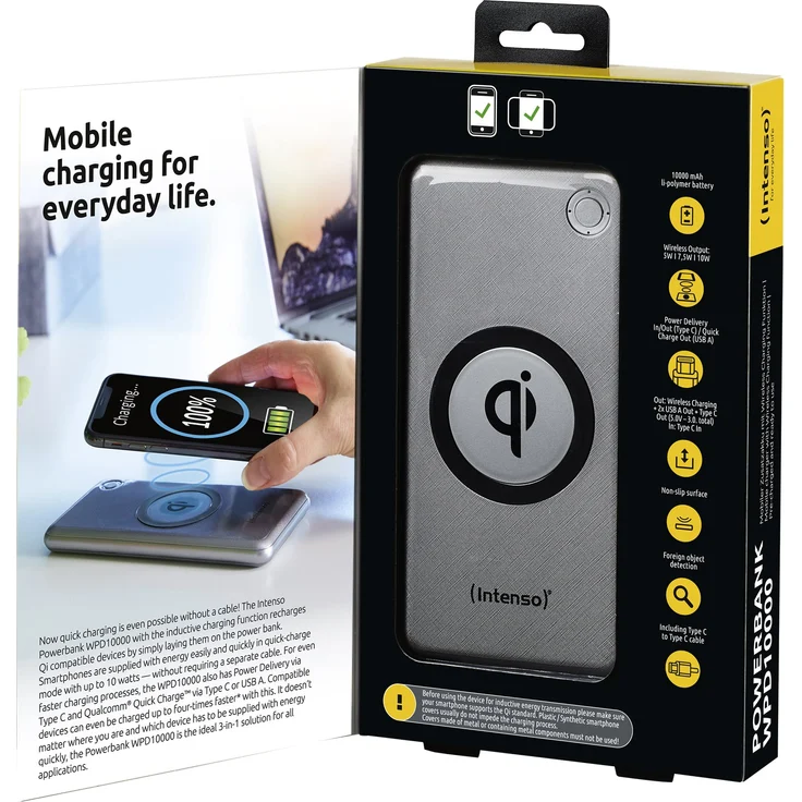 Intenso Powerbank WPD10000, externes Ladegerät mit Wireless Charging, Power Delivery und Quick Charge, 10000 mAh, geeignet für Qi-fähige Smartphones/Tablet PCs, silber – Bild 9