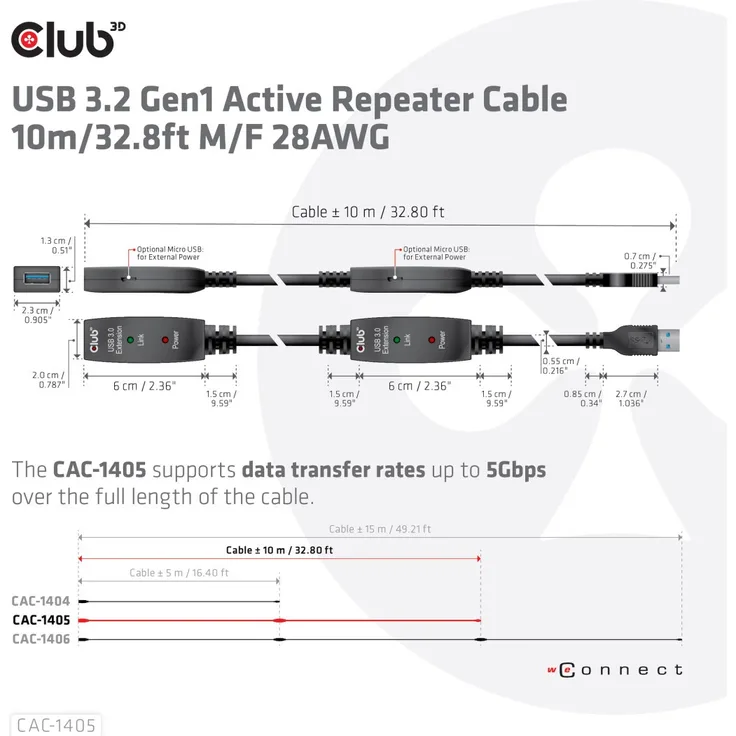 Club3D CAC-1405 USB Verlängerungskabel aktiv 10m USB 3.2 Gen 1, Stecker - Buchse