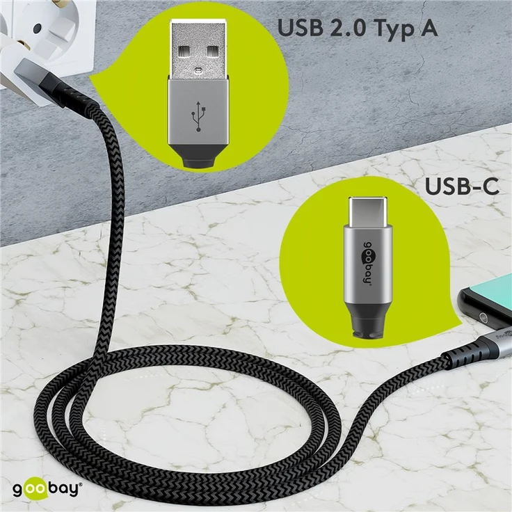 Goobay USB-C auf USB-A Textilkabel mit Metallsteckern (space grau-silber) 0,5 m, 0.5 m, Schwarz-Grau - elegantes und extra-robustes Verbindungskabel für Geräte mit USB-C Ansc (49295) – Bild 4