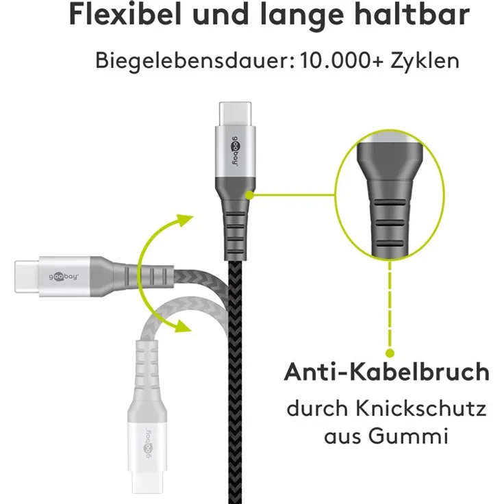Goobay USB-C auf USB-A Textilkabel mit Metallsteckern (space grau-silber) 0,5 m, 0.5 m, Schwarz-Grau - elegantes und extra-robustes Verbindungskabel für Geräte mit USB-C Ansc (49295)