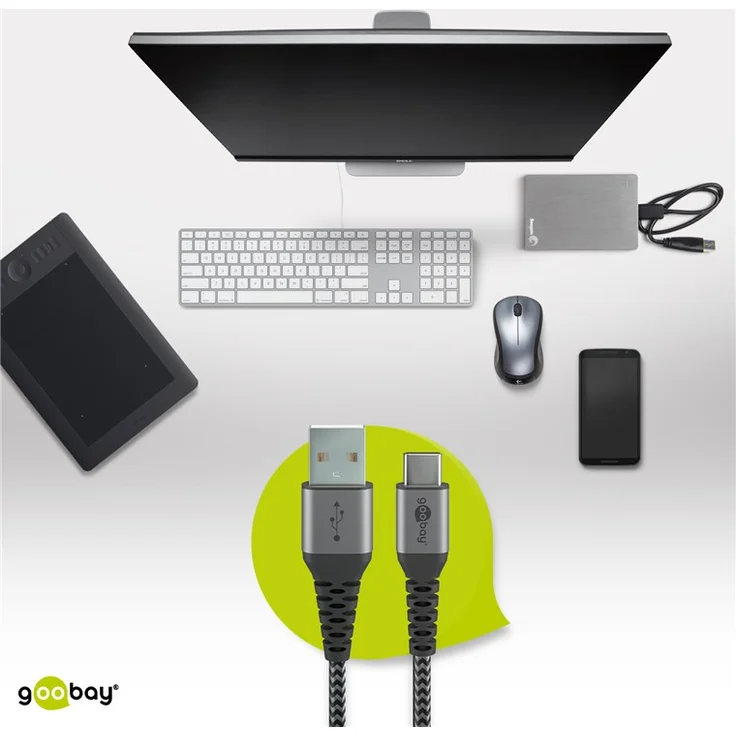Goobay USB-C auf USB-A Textilkabel mit Metallsteckern (space grau-silber) 0,5 m, 0.5 m, Schwarz-Grau - elegantes und extra-robustes Verbindungskabel für Geräte mit USB-C Ansc (49295) – Bild 2