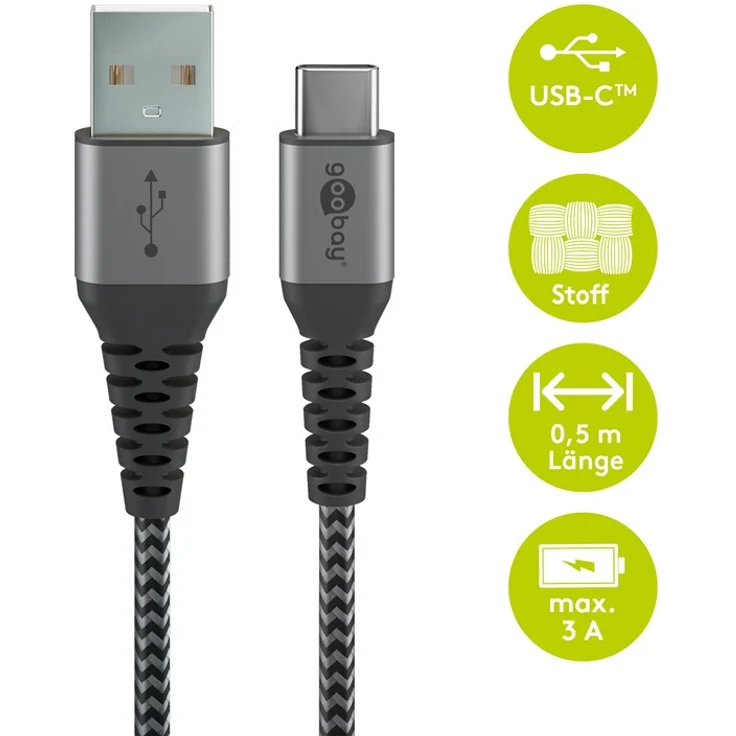 Goobay USB-C auf USB-A Textilkabel mit Metallsteckern (space grau-silber) 0,5 m, 0.5 m, Schwarz-Grau - elegantes und extra-robustes Verbindungskabel für Geräte mit USB-C Ansc (49295) – Bild 3