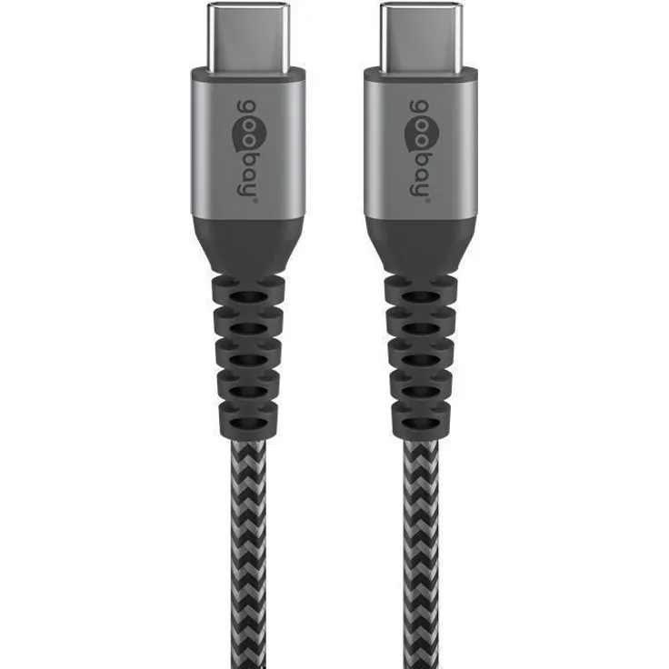 Goobay USB-C auf USB-C Textilkabel mit Metallsteckern (space grau-silber) 0,5 m, 0.5 m, Schwarz-Grau - elegantes und extra-robustes Verbindungskabel für Geräte mit USB-C An (49301)