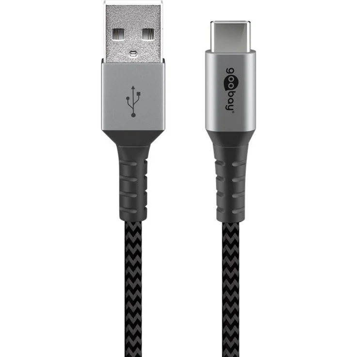 Goobay USB-C auf USB-A Textilkabel mit Metallsteckern (space grau-silber) 2 m, 2 m, Schwarz-Grau - elegantes und extra-robustes Verbindungskabel für Geräte mit USB-C Anschlus (49297) – Bild 3