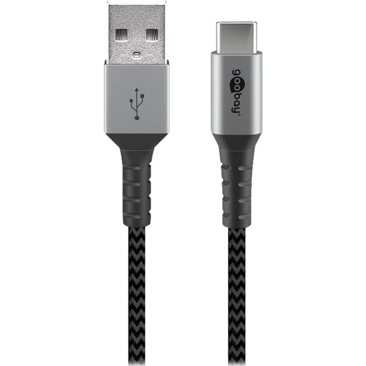 Goobay USB-C auf USB-A Textilkabel mit Metallsteckern (space grau-silber) 2 m, 2 m, Schwarz-Grau - elegantes und extra-robustes Verbindungskabel für Geräte mit USB-C Anschlus (49297) – Bild 9