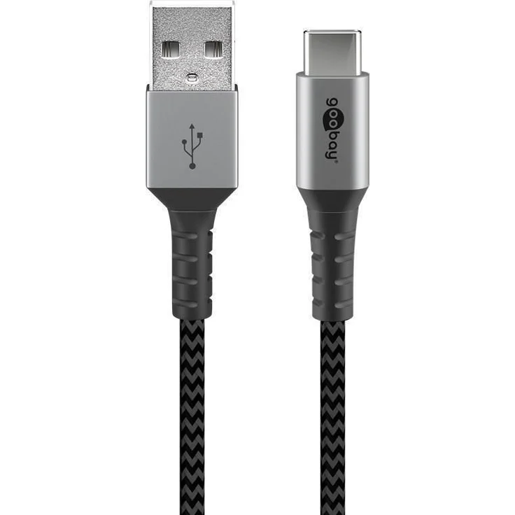 Goobay USB-C auf USB-A Textilkabel mit Metallsteckern (space grau-silber) 2 m, 2 m, Schwarz-Grau - elegantes und extra-robustes Verbindungskabel für Geräte mit USB-C Anschlus (49297) – Bild 2