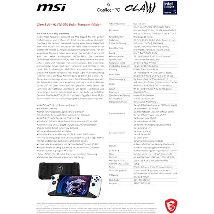MSI Claw 8 AI+ A2VM-091 Polar Tempest Edition, 8" FHD+ IPS 120Hz Handheld mit Intel Core™ Ultra 7 258V, 32 GB RAM und 2000 GB SSD, Schwarz – Bild 5