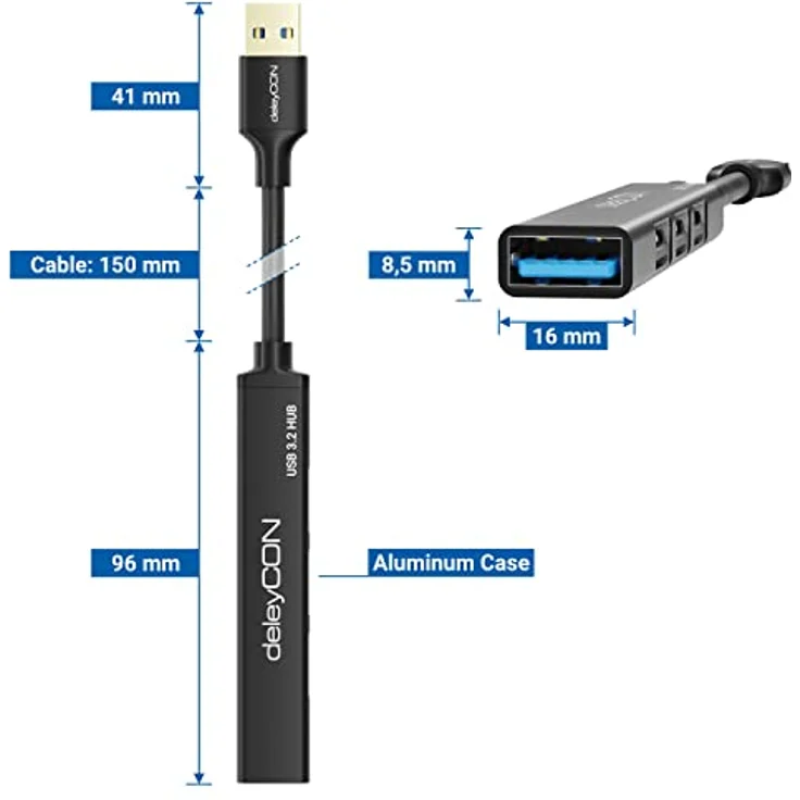 deleyCON USB A HUB MK5414, 4-Port Mini USB Splitter mit Aluminium Gehäuse, bis zu 5 Gbps, für PC, Laptop, Notebook, Schwarz – Bild 5