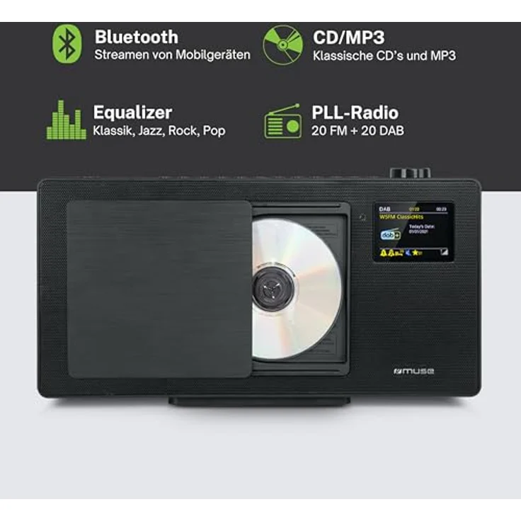MUSE M-65 DBT Kompakt-System DAB+ - CD-Player - Bluetooth - AUX, USB 2X RCA Buchsen, Wandmontage, 2x20W, Schwarz – Bild 3