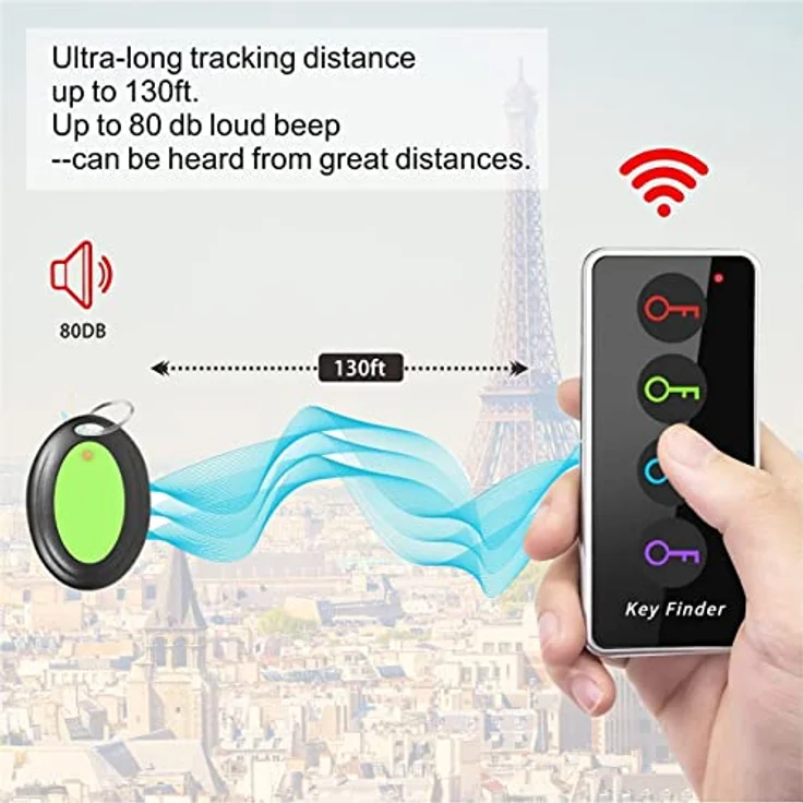 Reyke Schlüsselfinder Key Finder, Drahtloser RF-Gegenstandsfinder mit 4 Empfängern, LED-Taschenlampe und 80 dB Signalton, bis zu 40 m Reichweite – Bild 5