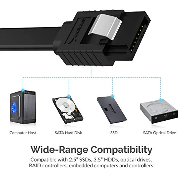 Sabrent SATA III Kabel 6Gbps, sata 3 kabel, (3 Stück), HDD/SDD Datenkabel 50cm, Gerades pc SATA kabel mit Verriegelungsriegel für SATA Festplatten HDD/SSD, CD- und DVD-Laufwerke, Schwarz (CB-SRK3) – Bild 3