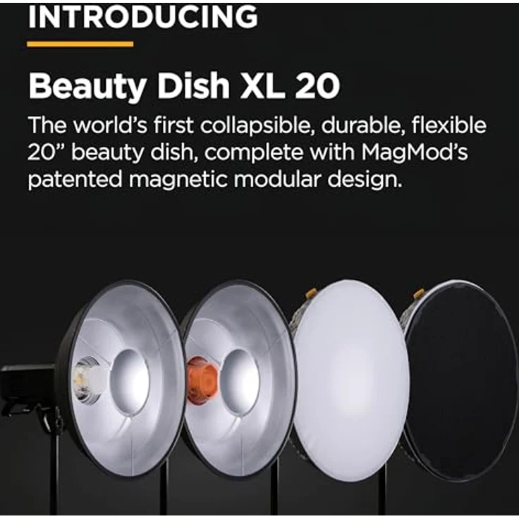 MagMod Beauty Dish XL 20 Pro Kit, 50,8 cm faltbare magnetische Schönheitsplatte für Porträtfotografie, inkl. Bowens Ständer, Gitter und Diffusionssocke – Bild 2