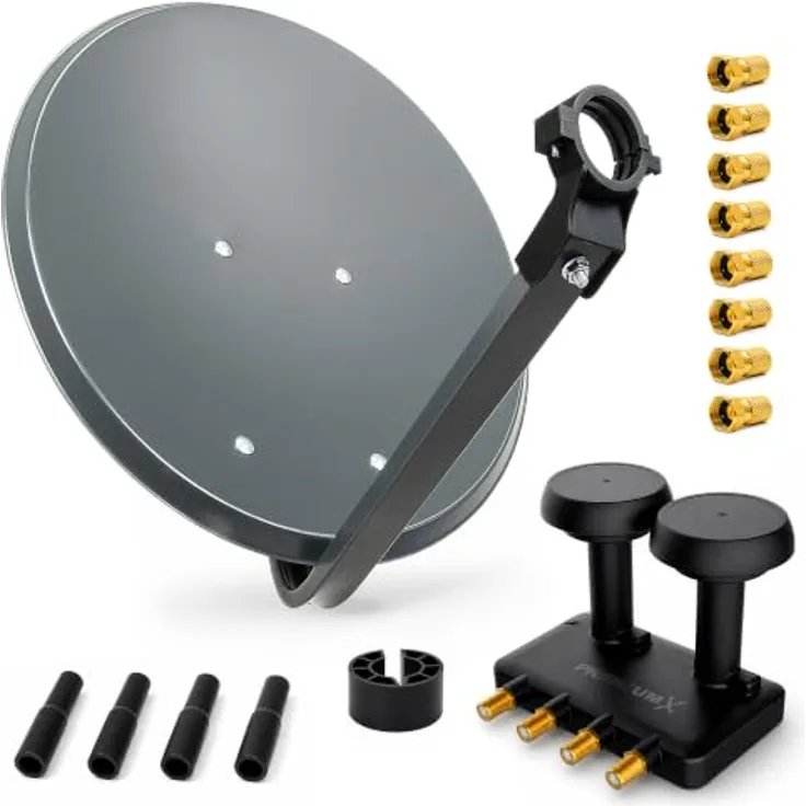PremiumX SAT Anlage 80cm, Antenne mit Quad Monoblock LNB und 8x F-Stecker, ideal für Hotbird und Astra Empfang