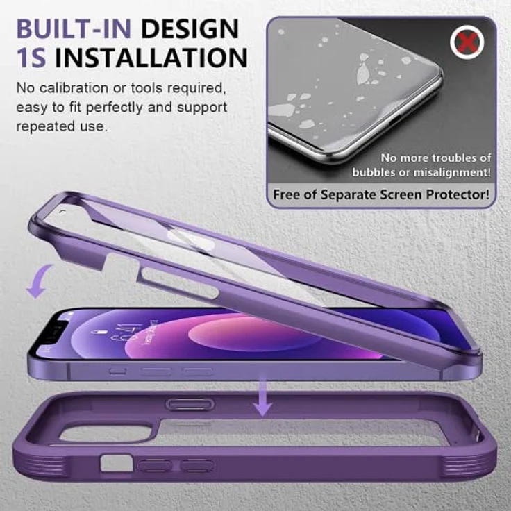 Miracase 360 Grad Hülle für iPhone 12/12 Pro (6.1 Zoll), Ganzkörper Schutzhülle mit integriertem Glas Displayschutz, stoßfeste Fullbody Handyhülle, Lila – Bild 3